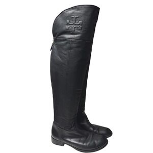 Tory Burch 2010s Over The Knee Leather Boots Embossed Logo Black Size 8